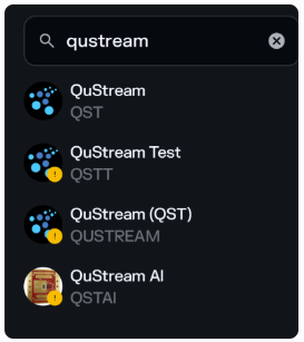Screenshot showing the legitimate QST token at the top with contract address ending in 'pump', followed by multiple fake QuStream tokens with different contract addresses